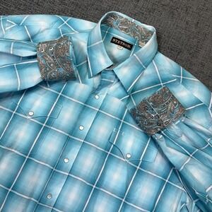 Stetson Shirt Men's 2XL Blue Plaid Pearl Snap Long Sleeve Flip‎ Cuff Western